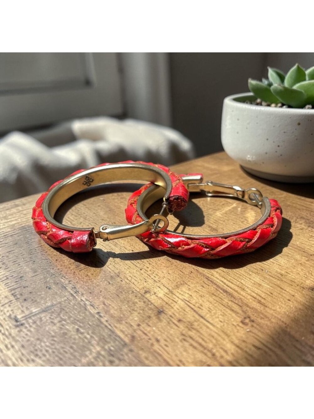 Patricia Nash Red Braided Leather Hoop Earrings With Gold-Tone Accents 2"